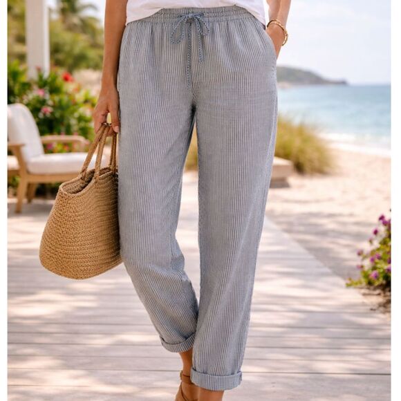 J. Crew Factory Pants - J. Crew Navy Striped Linen-Cotton Blend Drawstring Pants Size 12 Summer Vacation